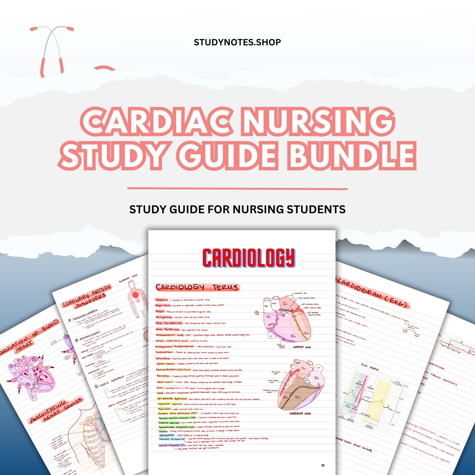 Cardiac Nursing Study Guide Bundle - Cardiac Nurse Cheat Sheet - 25 Pages - EKG - CHF - ACLS